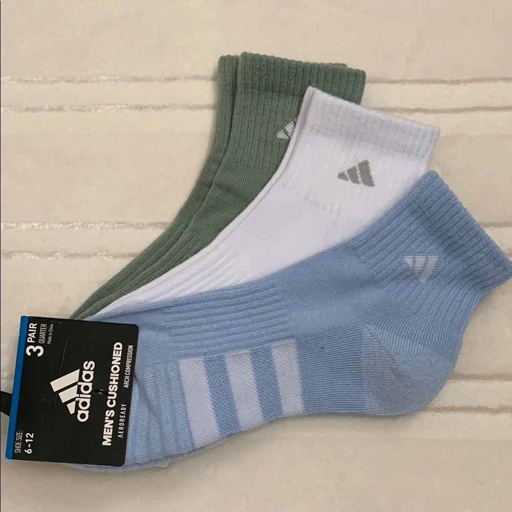 Adidas Men’s Cushioned Quarter Socks 3 pairs Size 6-12 White Blue Green